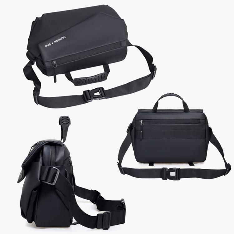 Black water-resistant messenger bag with adjustable strap and zip front pocket