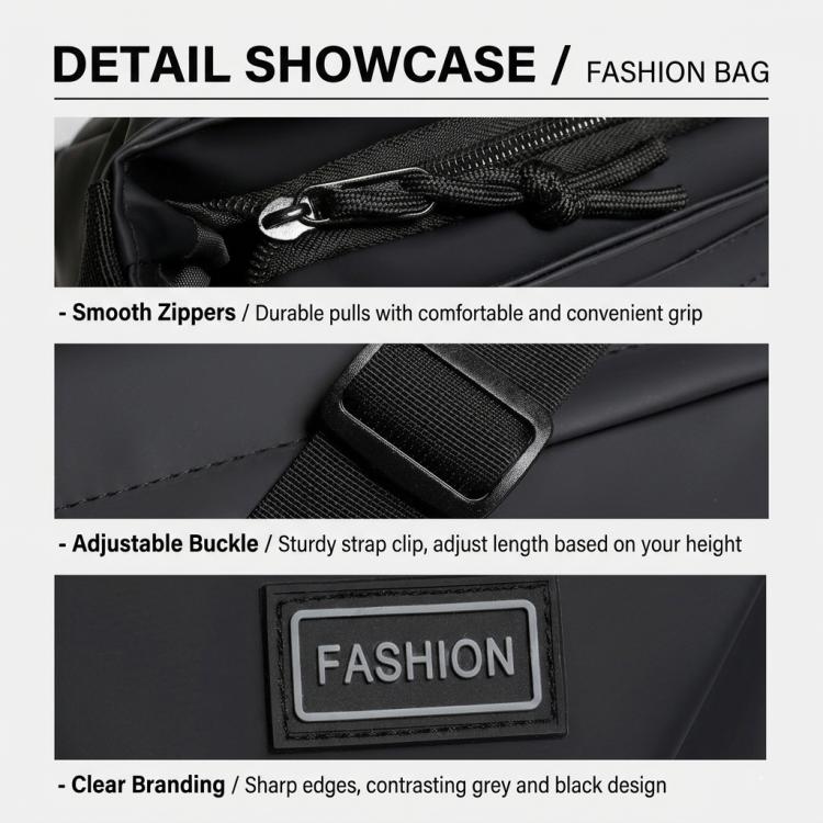 Black crossbody bag detail: smooth zippers, adjustable buckle strap, and patch label