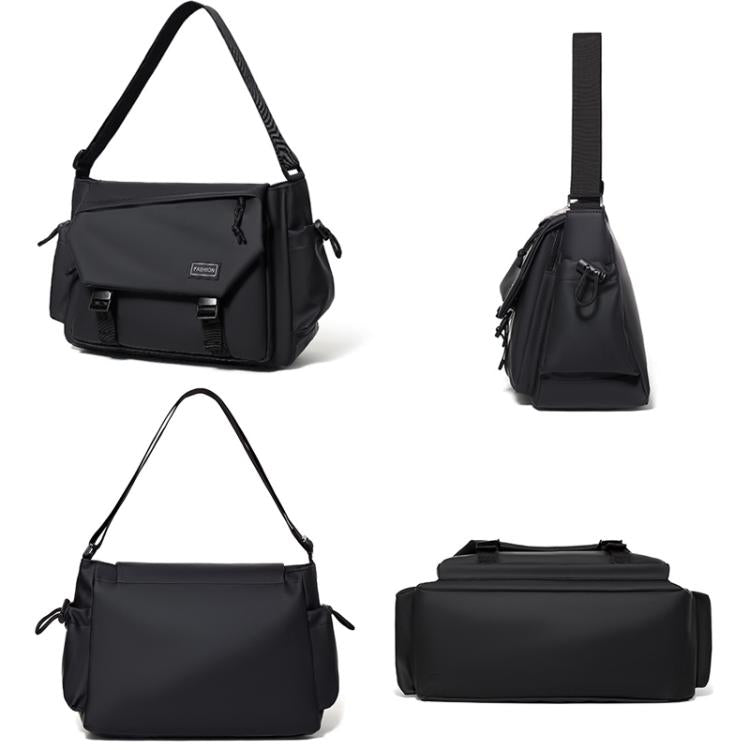 Black crossbody messenger bag shown in front, side, back, and bottom views