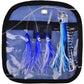 Soft squid skirt trolling lure rig with blue and white lead head lures, 4-hook set