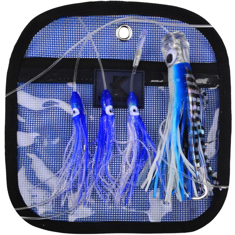 Soft squid skirt trolling lure rig with blue and white lead head lures, 4-hook set