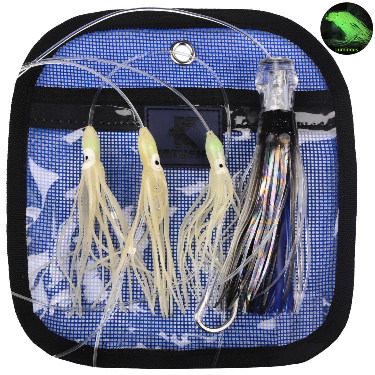 Soft squid skirt trolling lure rig with pale beige and iridescent lead head lures, 4-hook set
