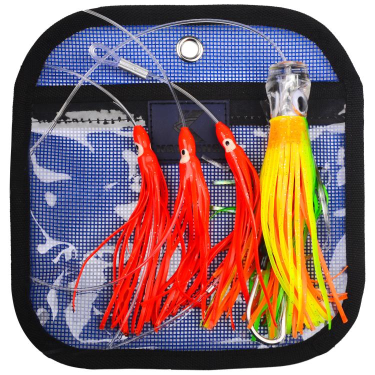 Soft squid skirt trolling lure rig with red orange and yellow lead head lures, 4-hook set