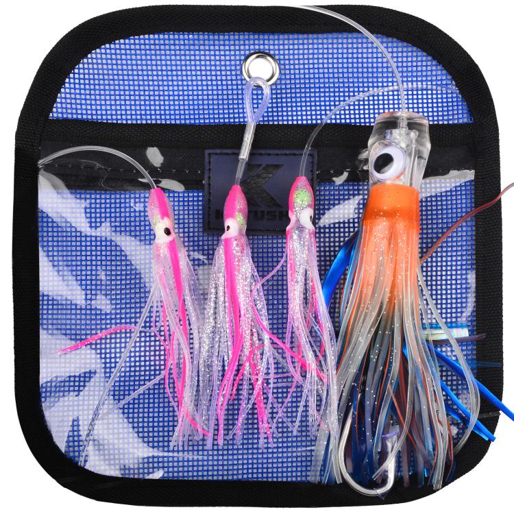 Soft squid skirt trolling lure rig with pink purple and silver lead head lures, 4-hook set