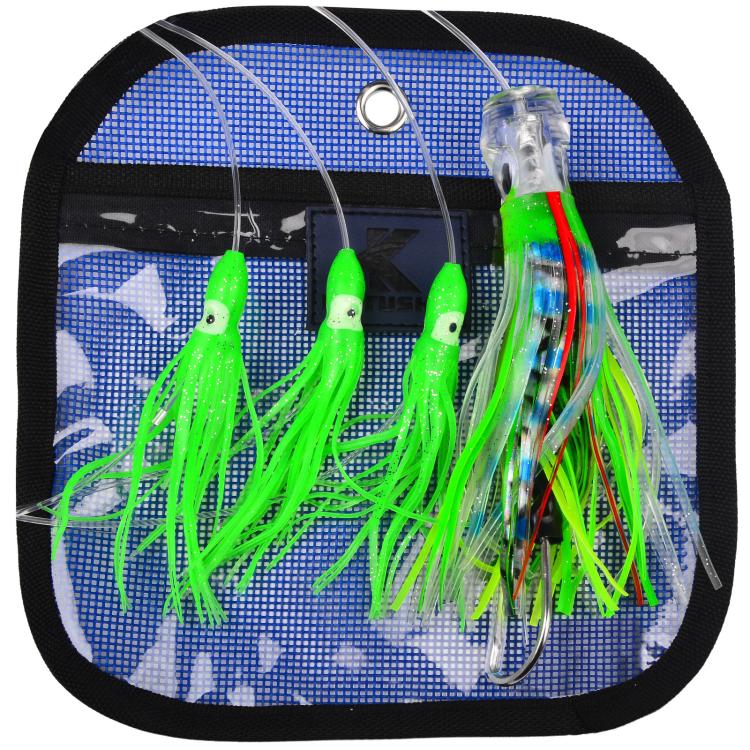 Soft squid skirt trolling lure rig with bright green and clear lead head lures, 4-hook set