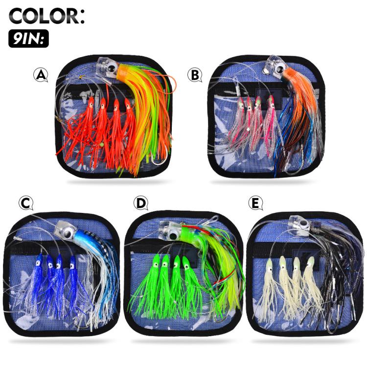 9-inch squid skirt trolling lure rig color options A–E shown in five lure sets