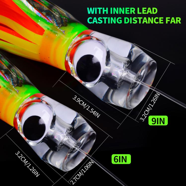 Fishing lure with clear lead head and black octopus-style body, silicone skirt, 9in