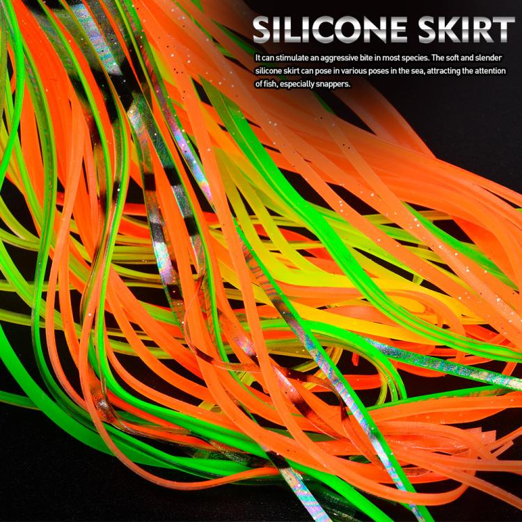 Silicone skirt fishing lure with bright orange and green tentacle strands