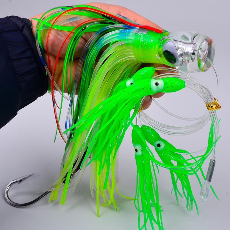 Green and clear silicone tentacle skirt trolling lure with silver hook rig