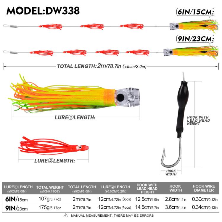 Lure rig size chart showing 6in and 9in lengths, weights, and hook dimensions