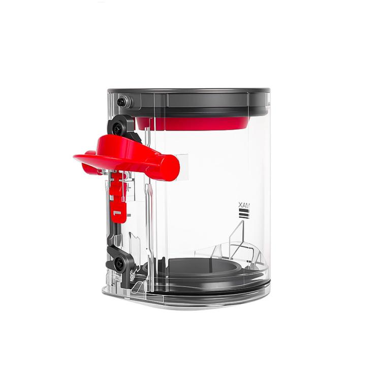 Clear dust bin assembly with red latch and black base for cordless vacuum
