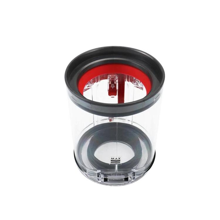 Transparent dust bin with black rim and MAX line, red internal latch