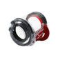 Clear dust bin cylinder with red handle and black circular inlet ring