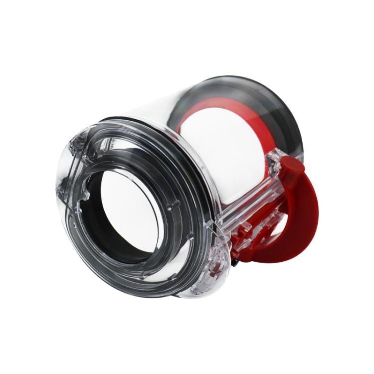 Clear dust bin cylinder with red handle and black circular inlet ring