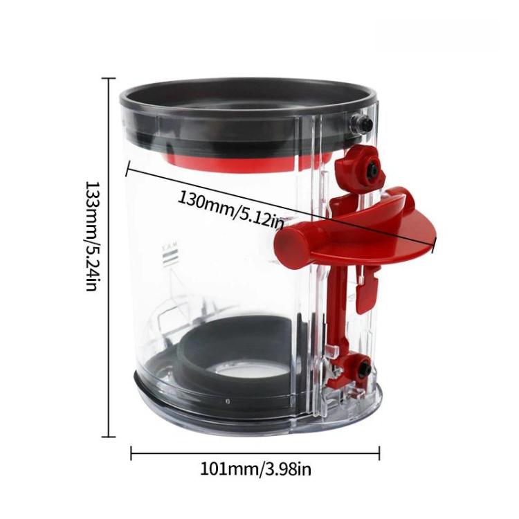 Clear replacement dust bin assembly with red latch and black top rim