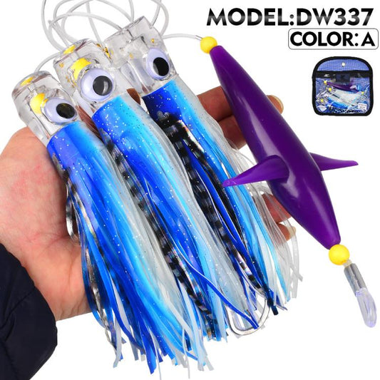 Saltwater trolling lure rig with blue skirt tentacles and purple spreader lure head