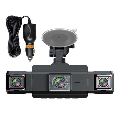 Car dash camera kit with three front cameras, mounting bracket, and power cable