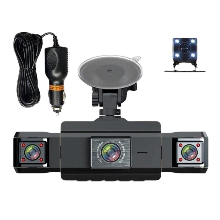 Car dash camera kit with three front cameras, rear camera module, and power cable
