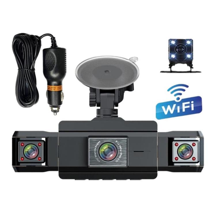 Car dash camera kit with three front cameras, rear camera module, and WiFi