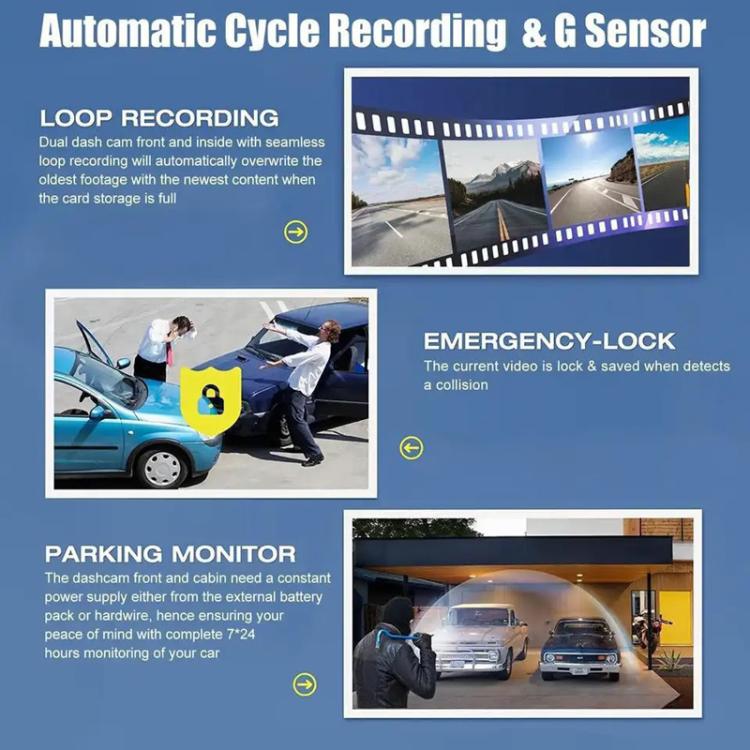 Car dash camera with loop recording, G-sensor, and emergency lock features