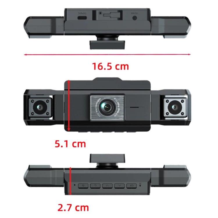 Car dash camera with three lenses (left, center, right) in dark gray housing