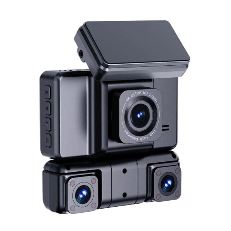 Multi-lens car dash camera with three camera blocks and top dark cover, dark gray
