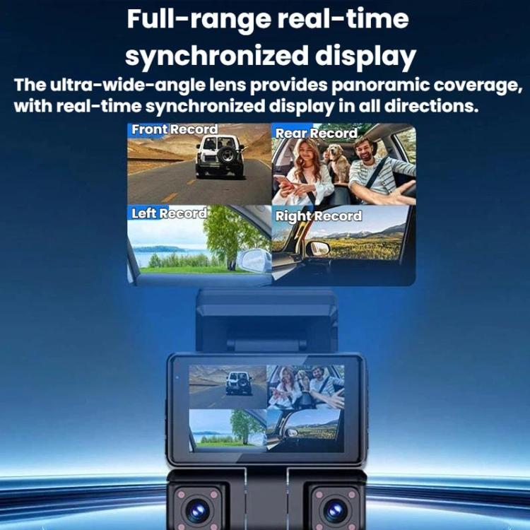 Dash camera with front display screen and dual lens blocks, dark gray housing