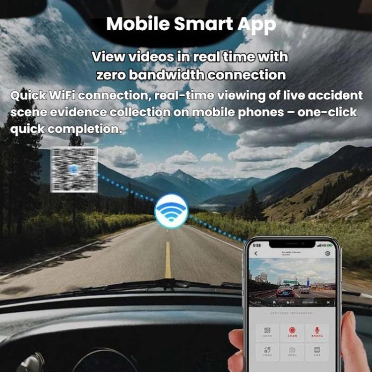 Smartphone app view showing dash camera connection next to mounted dash unit, dark gray