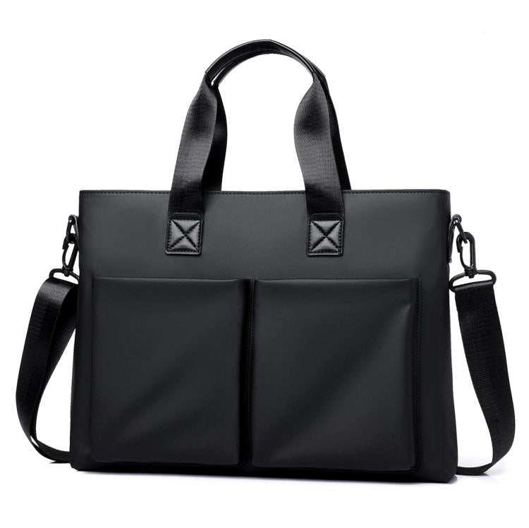 Men's waterproof laptop messenger bag in black with front zip pockets and shoulder straps