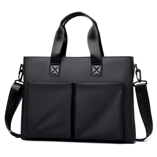 Men's waterproof laptop messenger bag in black with front zip pockets and shoulder straps
