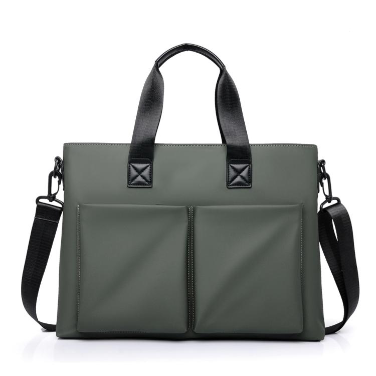 Men's waterproof laptop messenger bag in green with dual front pockets and shoulder straps