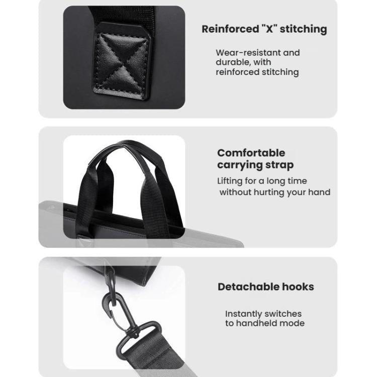 Men's laptop bag details with reinforced X stitching and comfortable carrying strap
