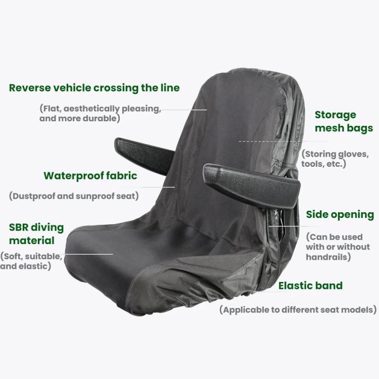 Dark gray tractor seat cover with waterproof fabric, side opening, and elastic hem