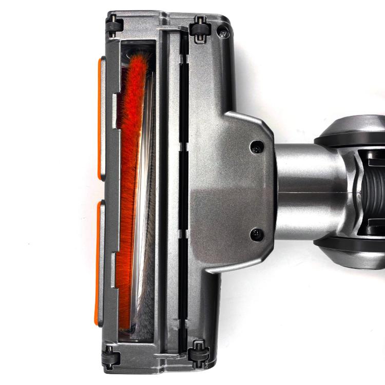 Motorized vacuum floor brush bar with orange-red bristles in dark gray housing