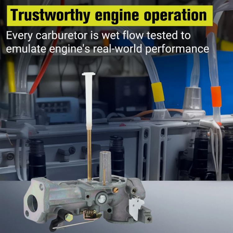 Mechanical carburetor during flow test with clear fluid tubes and colored valves