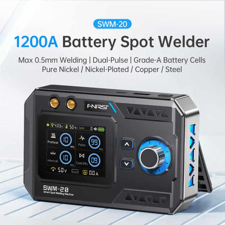 Compact battery spot welder unit with front LCD screen, buttons, and blue selector knob