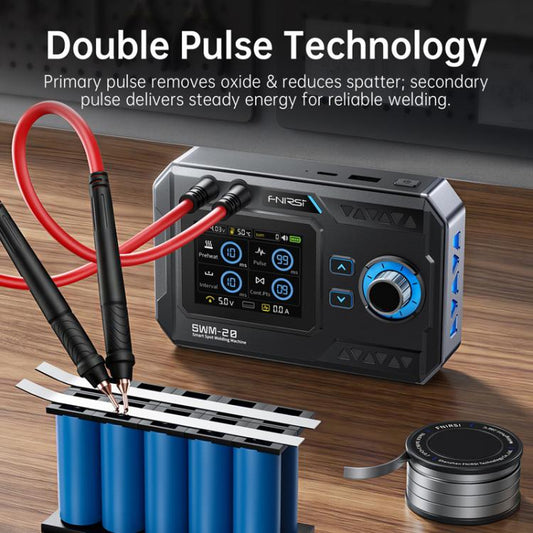 Handheld spot welder with attached welding leads and pen positioned over metal strips