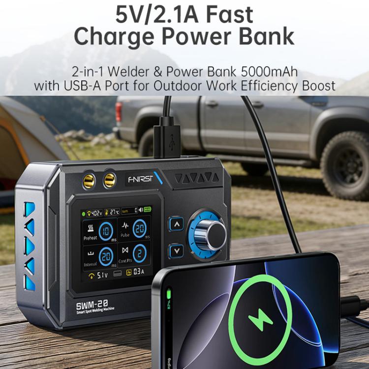 Battery spot welder with front screen and knob shown near a connected power display