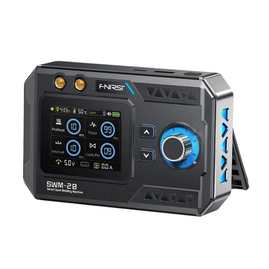 FNIRSI handheld dual-pulse spot welder with 2.4 in color control screen and knob