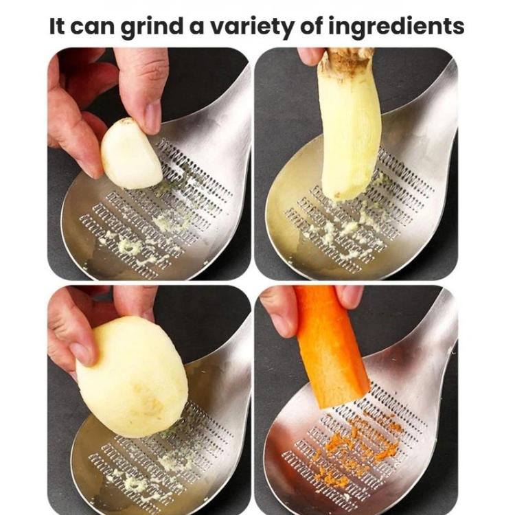 Stainless steel grinder spoon grating multiple ingredients on a bowl surface