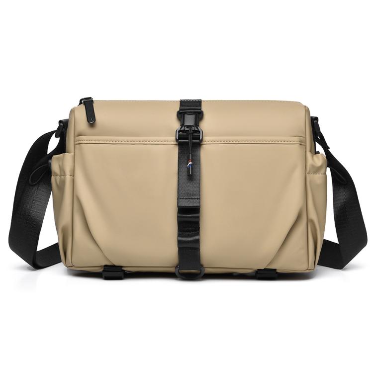 Men's khaki sling bag with magnetic front buckle and adjustable shoulder strap