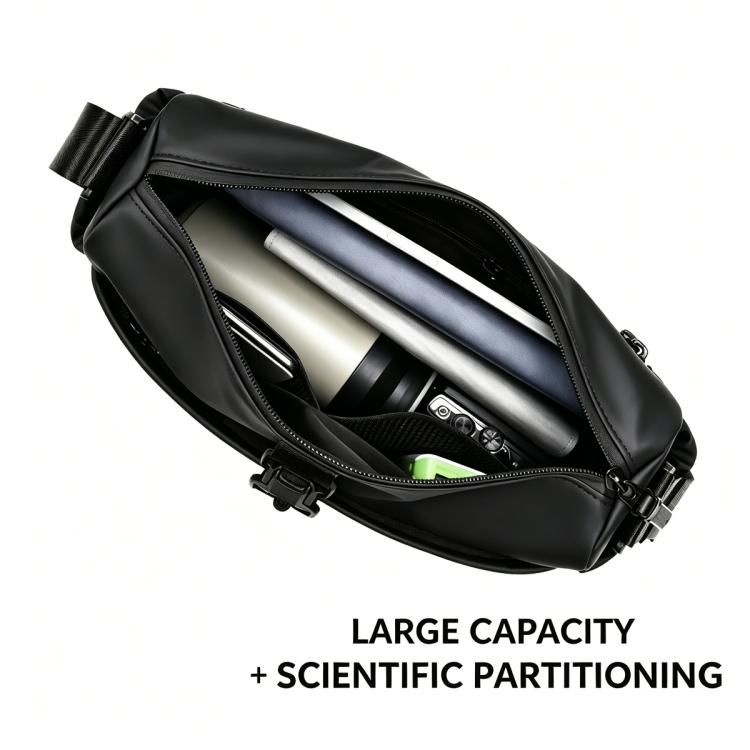 Men's black sling bag with open interior showing padded compartments