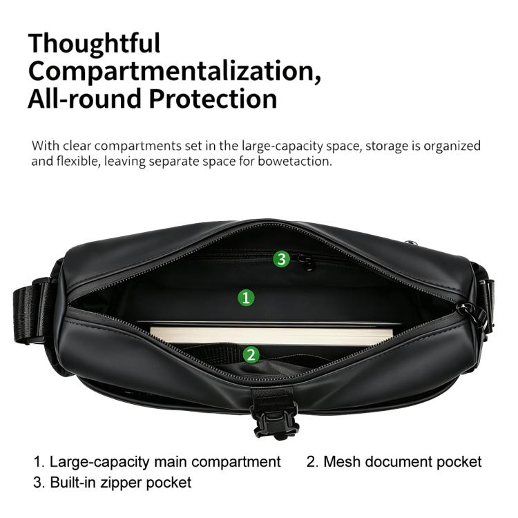 Men's black sling bag with zip top and multiple internal storage compartments