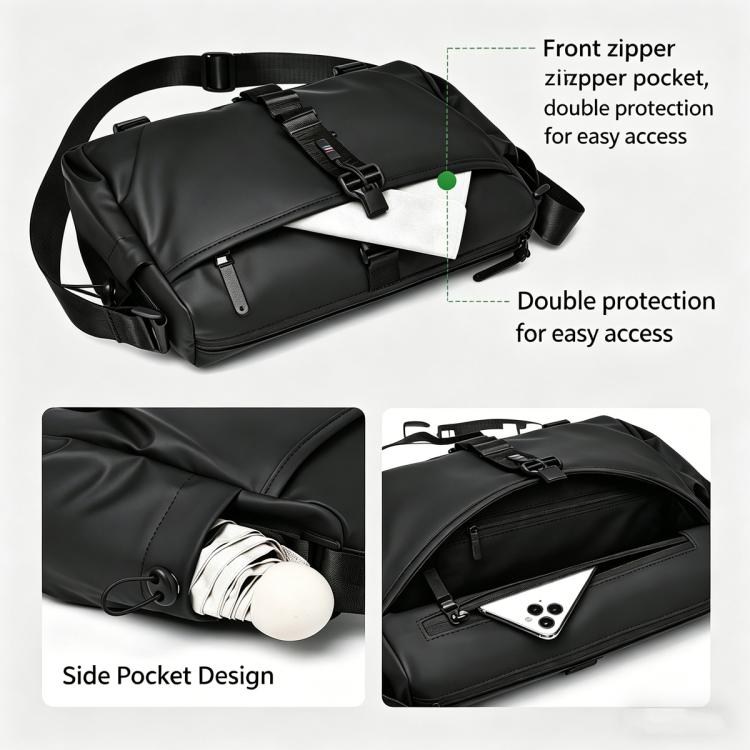 Men's black sling bag with front zipper pocket and side pocket for quick access