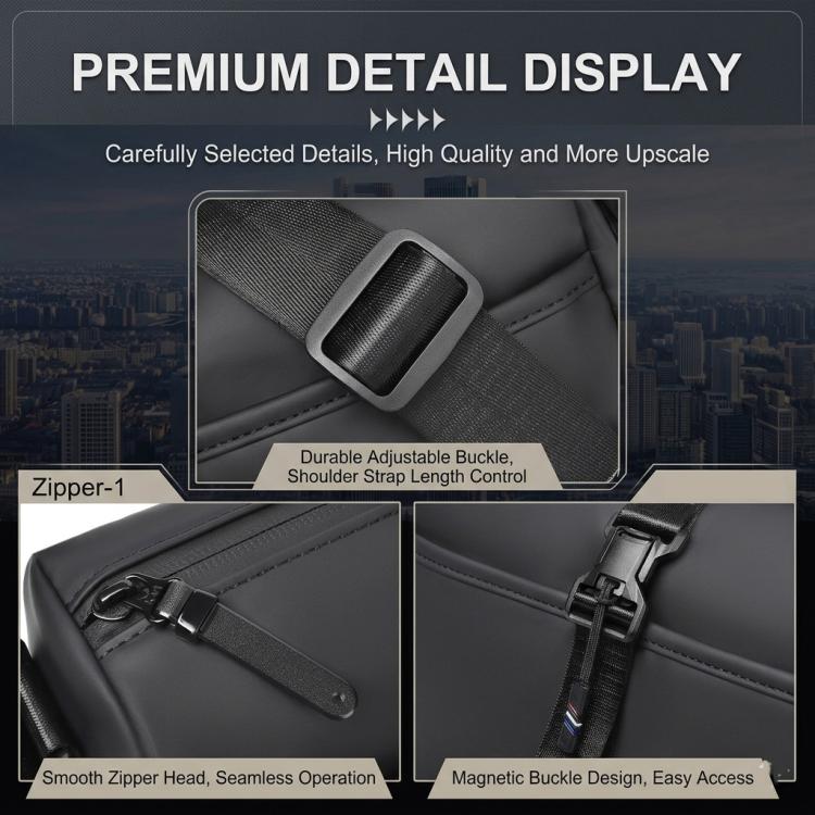 Black men’s sling bag detail: magnetic buckle, adjustable strap, smooth zipper