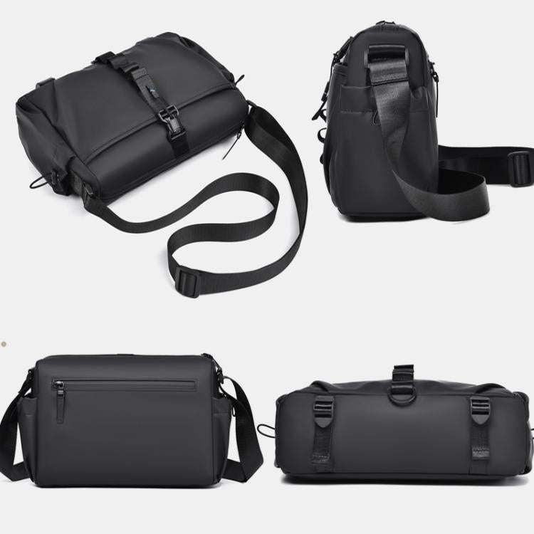 Black sling bag with adjustable shoulder strap, front flap and side pockets