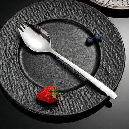 Stainless steel salad spoon and fork, polished, medium size.
