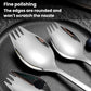 Stainless steel serving utensils with rounded tips and fork tines, polished.