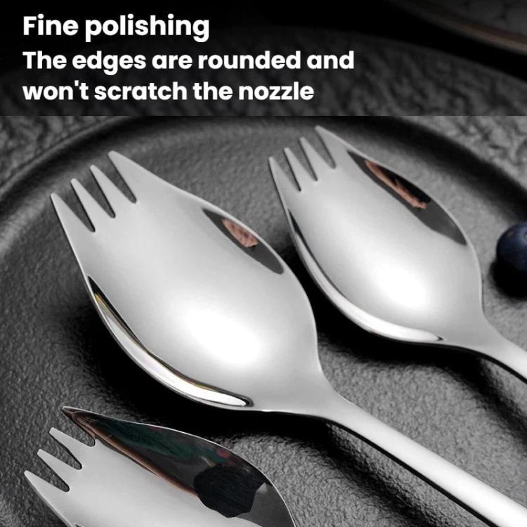 Stainless steel serving utensils with rounded tips and fork tines, polished.