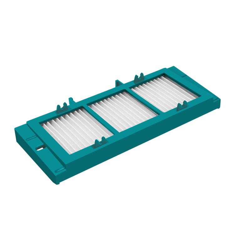 Teal vacuum filter frame with two white pleated filter inserts